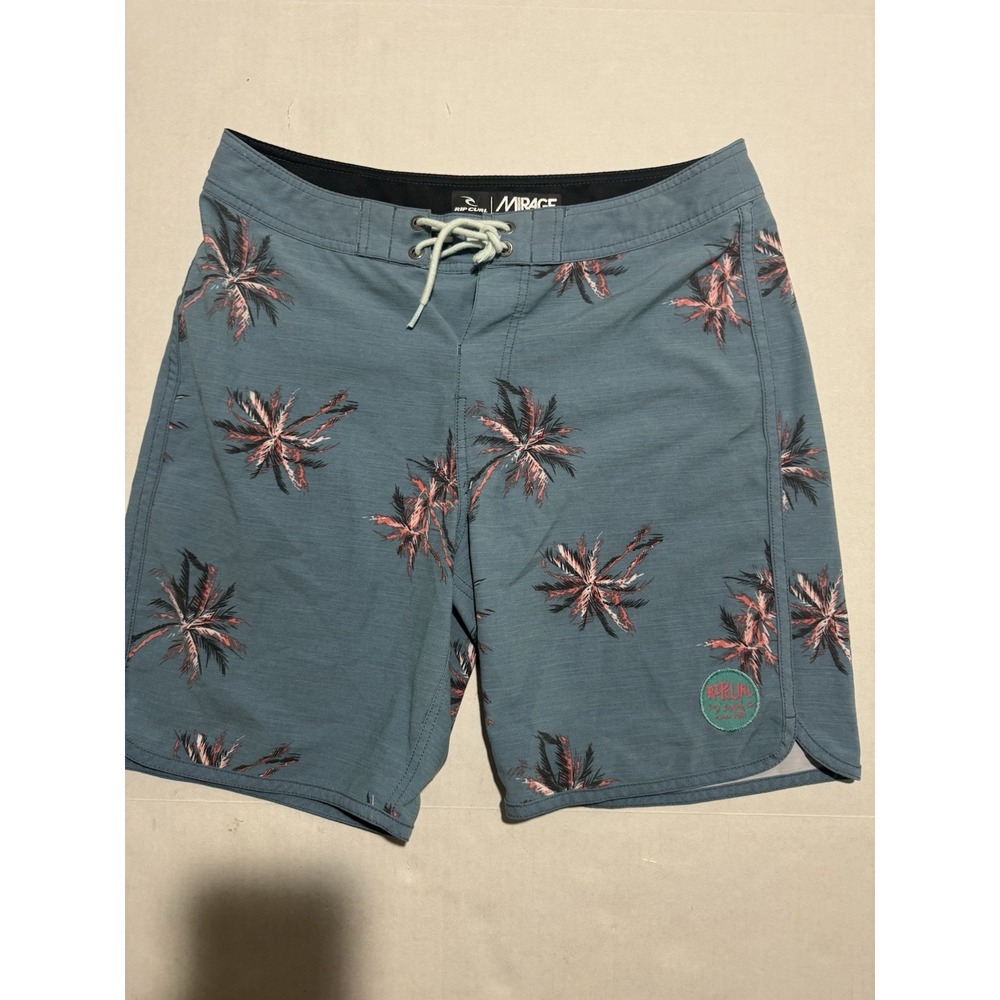 Ripcurl Brand Blue Swim Trunks, Tie Front, Pink Palm Tree AOP, Medium